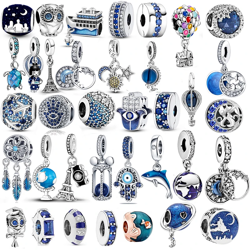 925 Sterling Silver Blue Series Moon Plane Space Series Perle Di Vetro Clip Charm Fit Original Pandora Bracciale Bangle Jewelry Gift