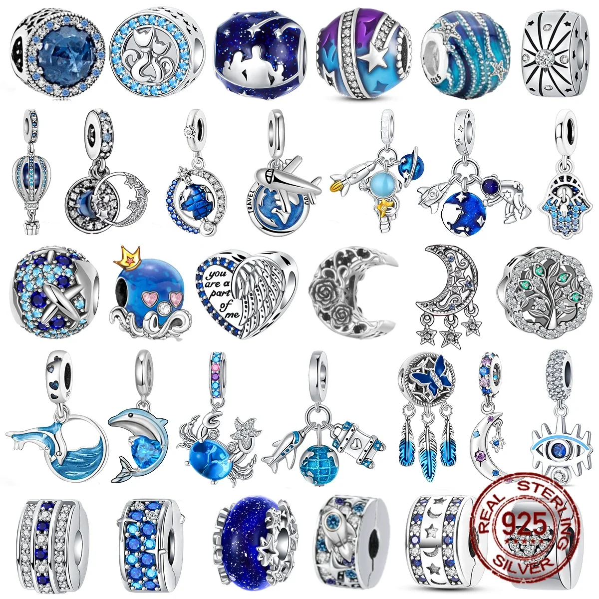 925 Sterling Silver Blue Series Moon Plane Space Series Perle Di Vetro Clip Charm Fit Original Pandora Bracciale Bangle Jewelry Gift