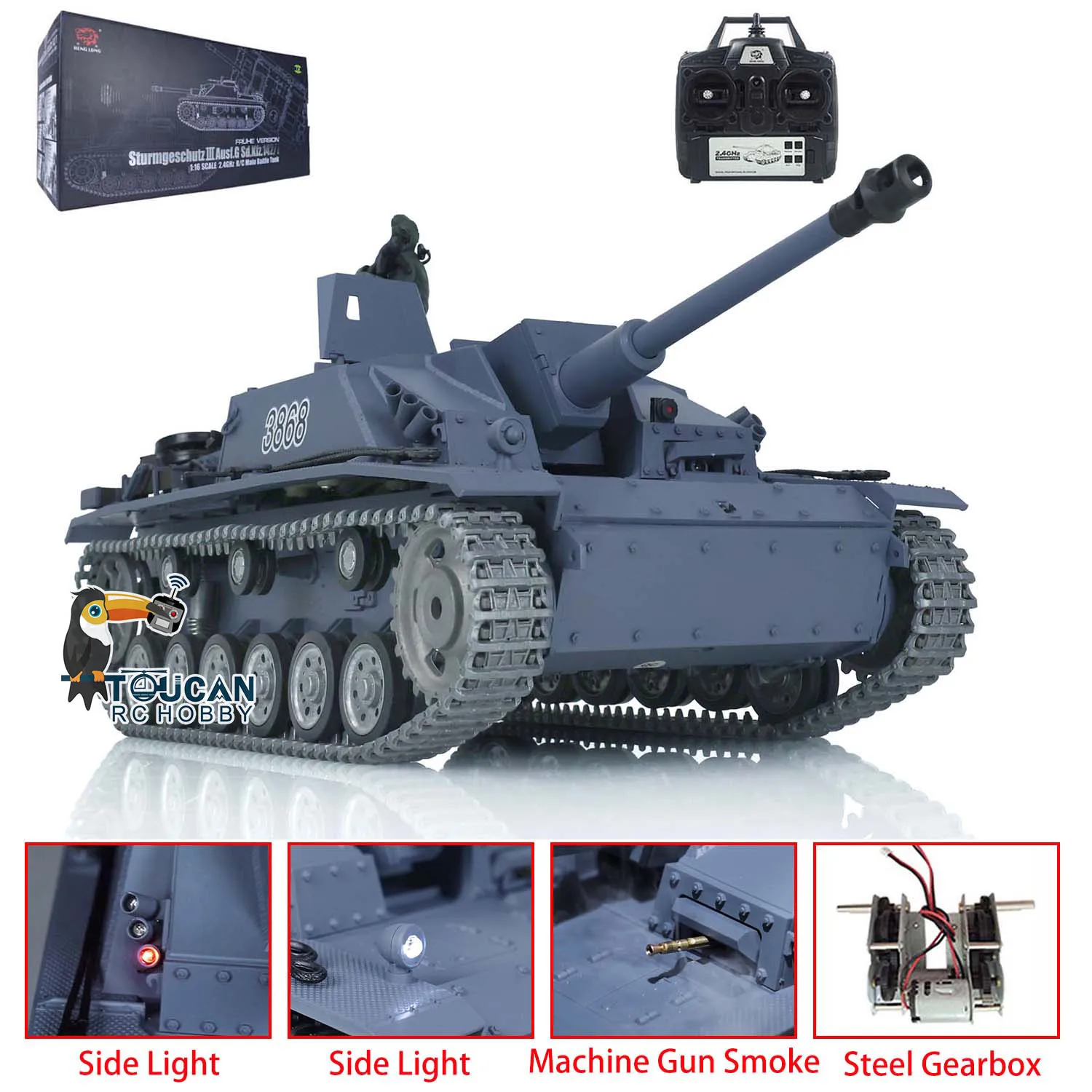 Henglong 1:16 Rc Tank 3868 Tk7.0 Stug Iii Metal Tracks Wheels Minigun Smoking Gift Toys