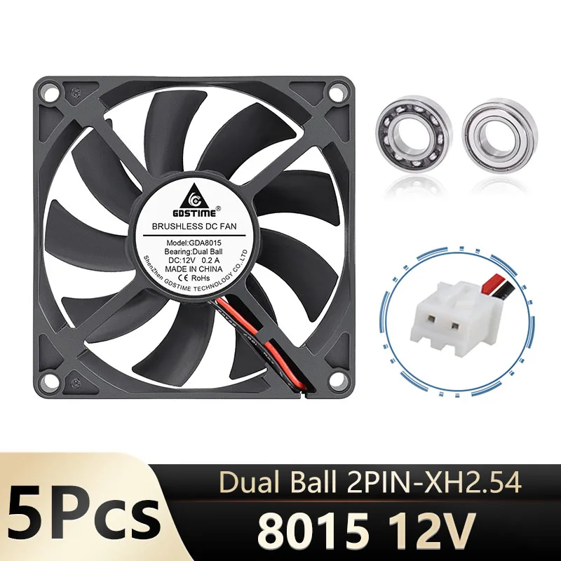 5Pcs Gdslime 12V Dc Fan 8Cm 80Mm 2Pin 80X80X15Mm Ball Computer Pc Cpu Silent Cooling Case Fan Nero 8015