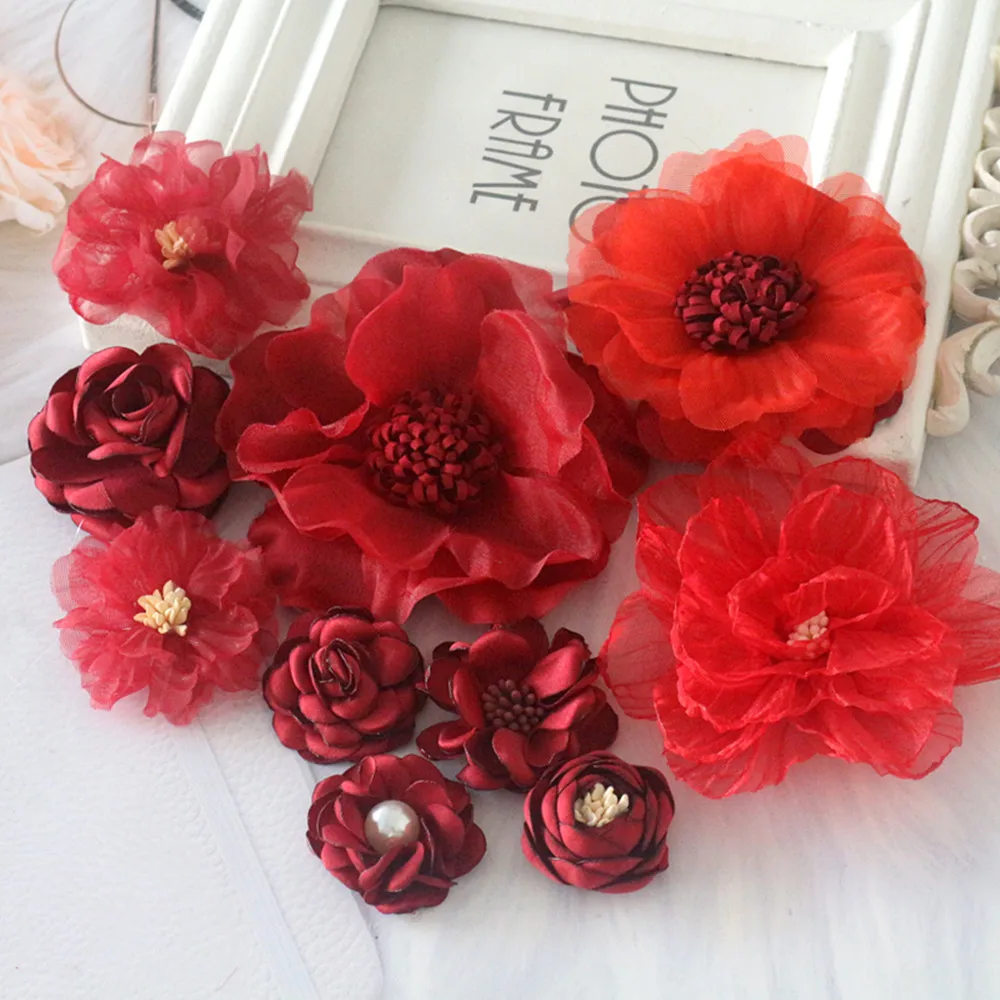 10 Pz/Lotto Mix Styles Wine Red Series Tessuto Chiffon Rose Flowers Capelli Accessori Fai Da Te Abito Cappelli Decorazione