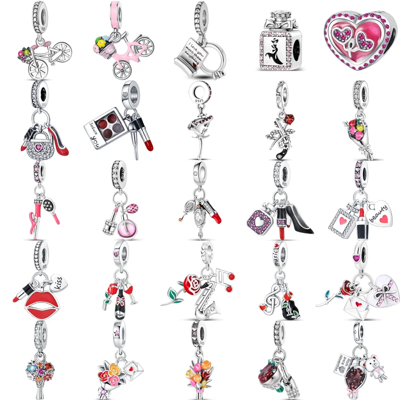 Charm Fit Original Pandora Bracciale 925 Sterling Silver Rose Flower Red Wine Cup Rossetto Profumo Tacchi Alti Musica Ciondolo Perline
