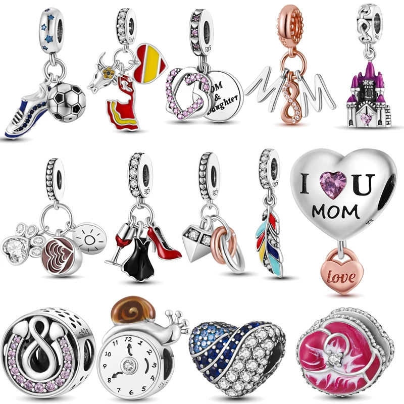 925 Sterling Silver Sparkling Spanish Football Feather Red Wine Heel Charm Beads Snail Fit Original Pandora Bracciale Jewelry