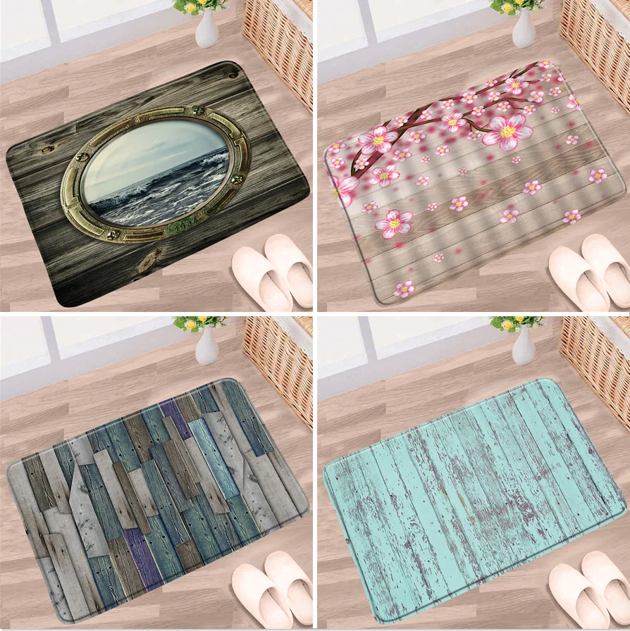 Vintage Old Wood Plank Tappetino Da Bagno Rosa Cherry Blossom Blue Geometric Splicing Pattern Tappeto Antiscivolo Bagno Cucina Porta Tappeto