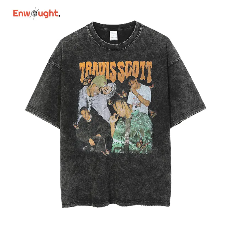 Hip Hop Rapper Travis Pattern T-Shirt Vintage Washed Scott T-Shirt Harajuku Streetwear Casual Retro Top Tees Abbigliamento Uomo