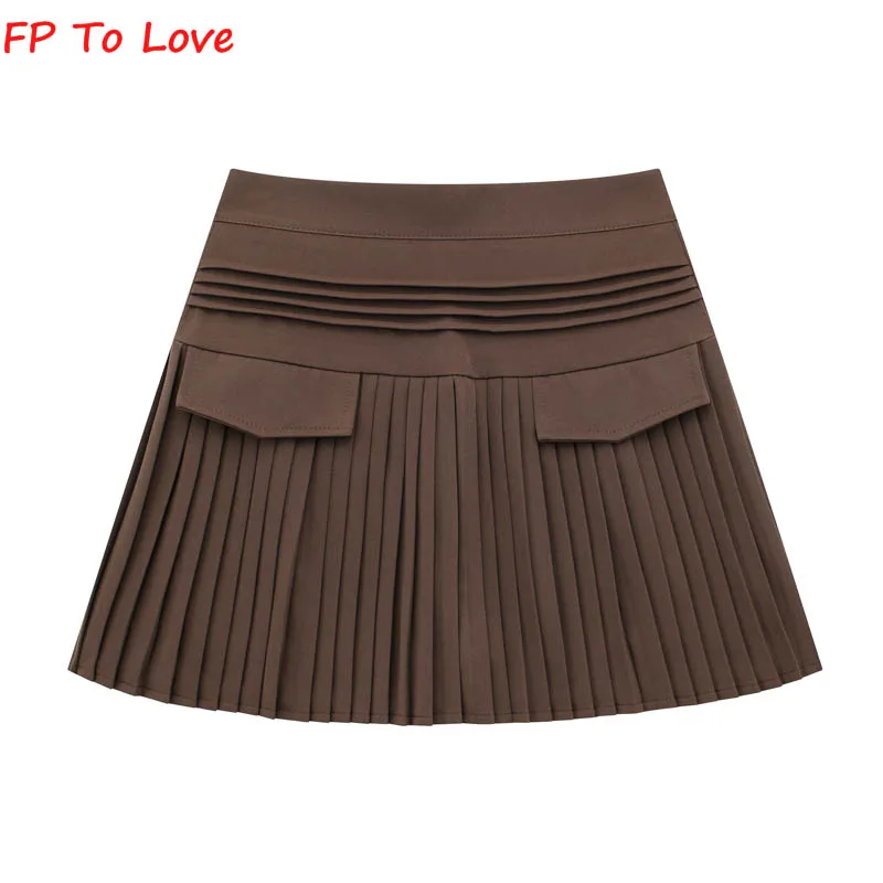 Minigonne Tascabili Pieghettate Marroni Pantaloncini Donna Sexy Culotte Street Campus Outfit Bianco Grigio Nero Fondo