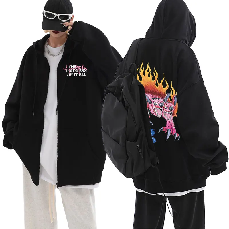 Cactus Jack Flame Felhunter Print Zipper Hoodie Utopia The Madness Of It All Album Felpe Con Cappuccio Maschile Hip Hop Oversize Zip Up Jacket