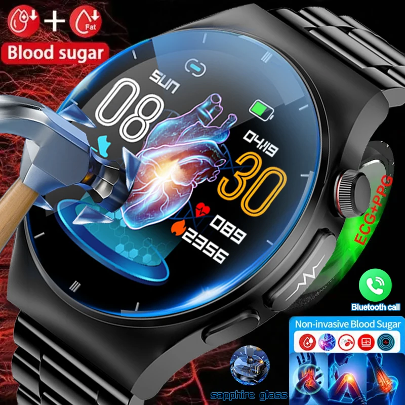 2024 Ecg + Ppg Medical Grade Smart Watch Men Blood Sugar Blood Fat Acido Urico Health Monitor Bluetooth Call Smartwatch Orologio Sportivo