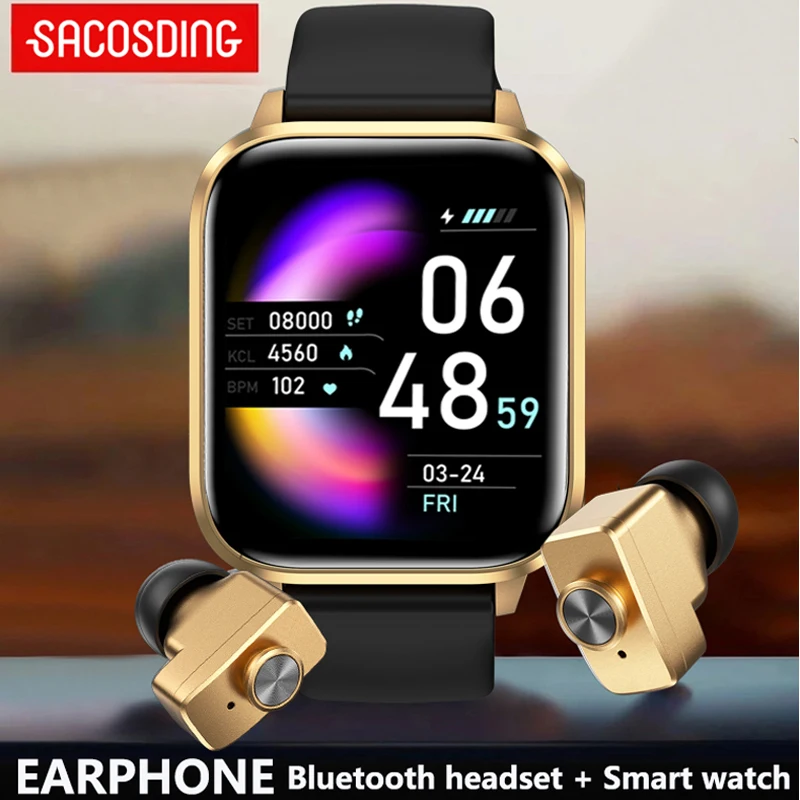 Sacosding Headset Smart Watch Tws Tws Two In One Wireless Bluetooth Dual Headset Call Health Blood Pressure Sport Music Smartwatch