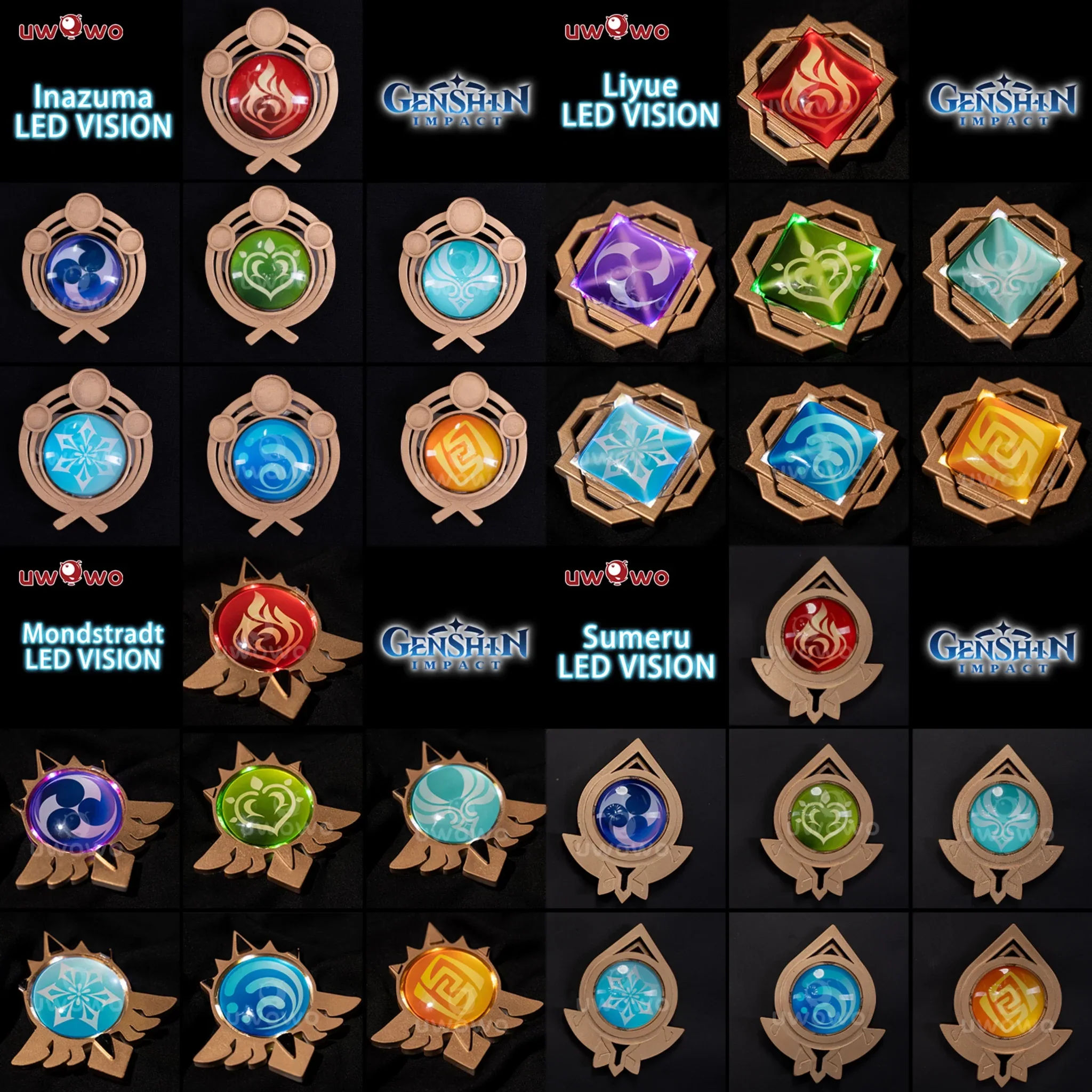 Uwowo Led Vision "Eye Of God" Gioco Genshin Impact Cosplay Puntelli Mondcittà/Liyue/Inazuma/Sumeru Dendro Cryo Hydro Pyro Geo Elect