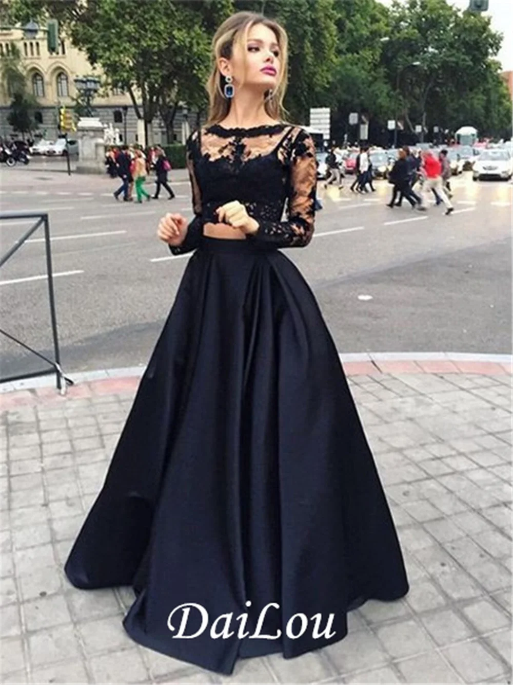 A-Line Due Pezzi Maniche Lunghe Appliques Bateau Neck Zipper-Up Lace Abito Da Sera Nero 2022