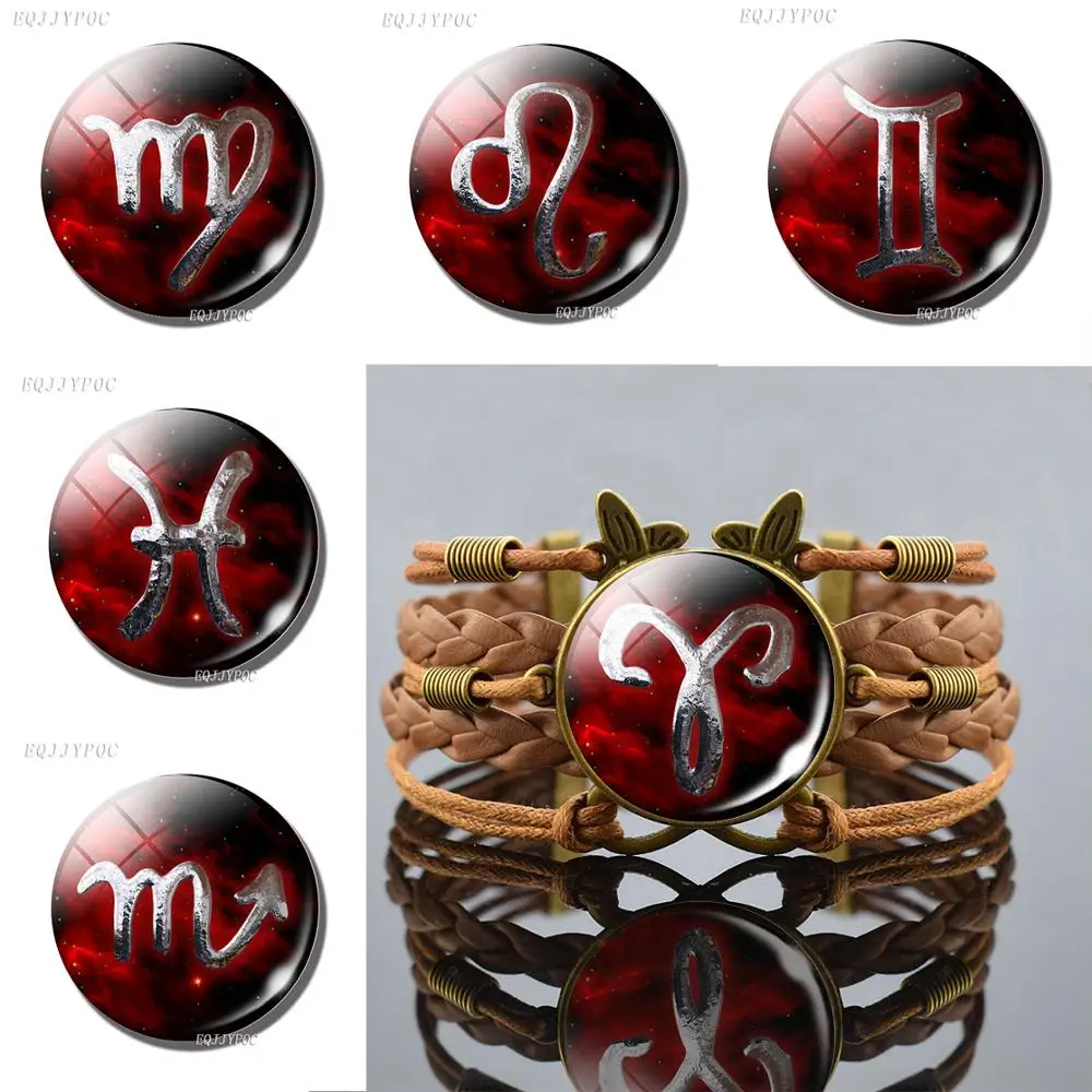 Affascinante 12 Costellazioni Bracciale Zodiaco Ariete Toro Gemelli Cancro Leone Vergine Immagine Artistica Romantico Colore Rosso Gioielli In Pelle