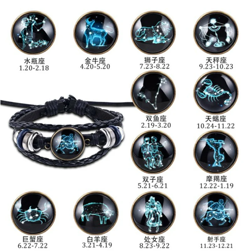 12 Costellazione Braccialetto Luminoso Donna Uomo Bracciale In Pelle Charms Bracciali Ariete Leo Cancer Vergine Scorpio Bilancia Gioielli Regalo