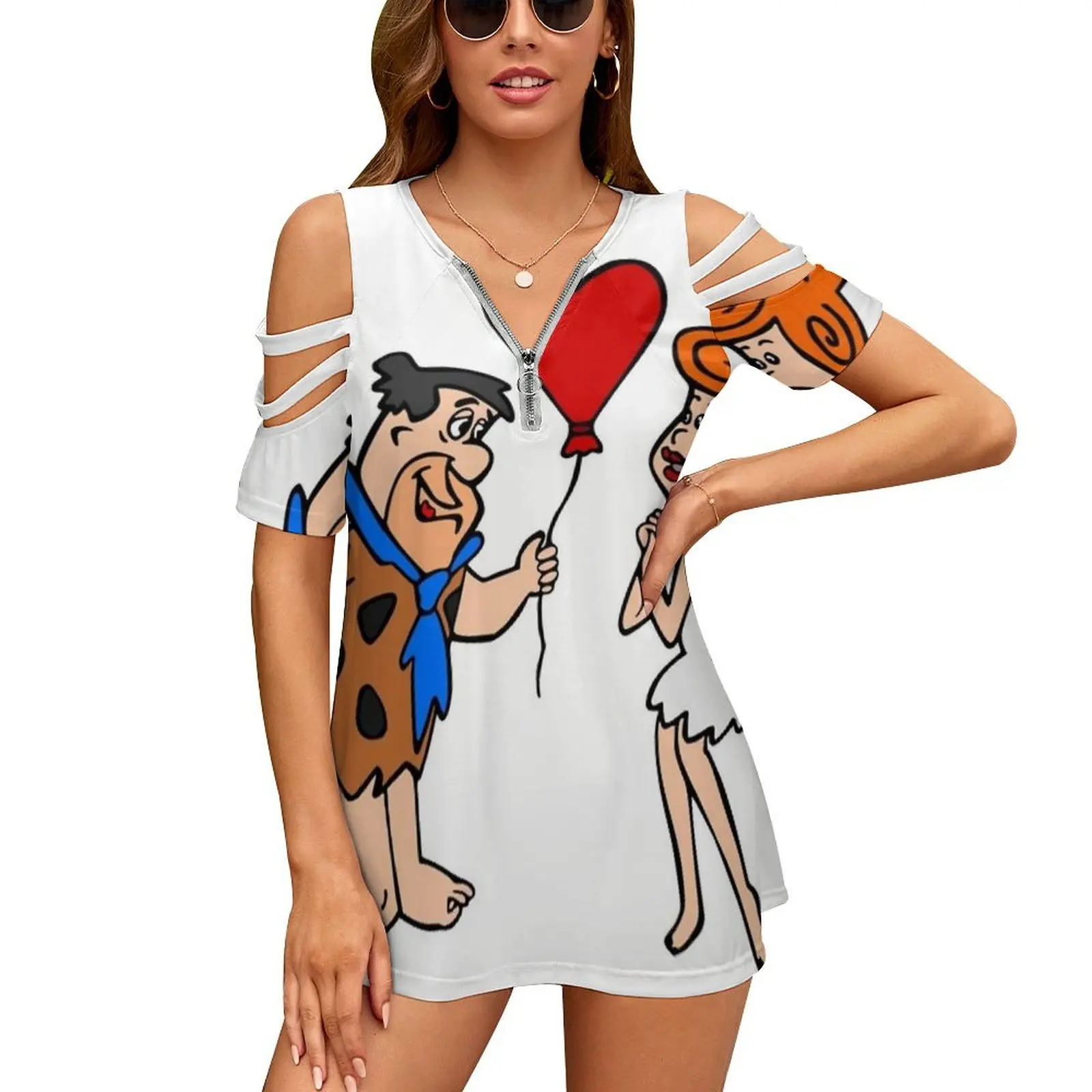 Flintstones Romance New Fashion Zip Off Spalla Top Manica Corta Camicia Da Donna Cartoon He Drew Love Flintstones Heart Colors