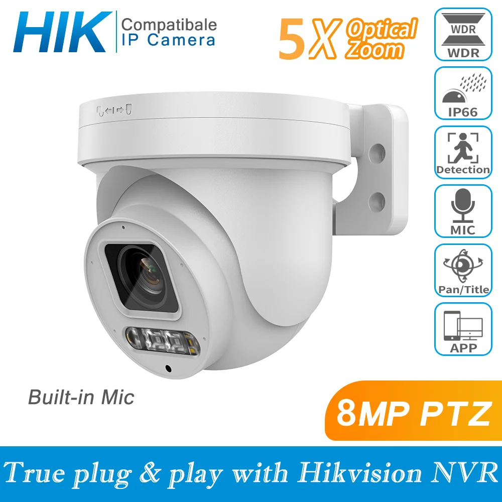 Telecamera Ptz 8Mp Compatibile Hikvision 4K 5X Zoom Ottico Poe Smart Dual Light Colorvu Ir Altoparlante Microfono Integrato Videosorveglianza