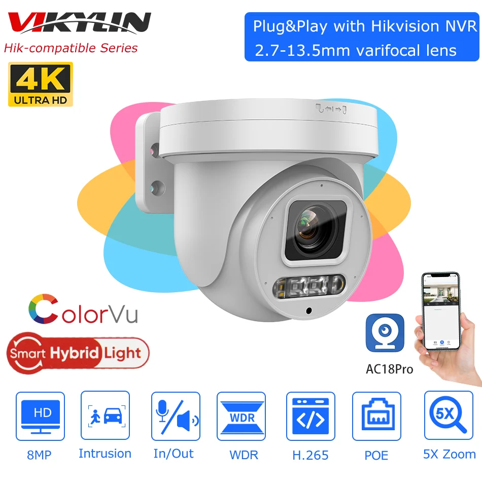 Vikylin Hikvision Compatibile 8Mp Colorvu Ptz Telecamera Ip Zoom 5X Slot Per Scheda Sd Audio A 2 Vie Telecamera Di Rete Di Sorveglianza App Remote