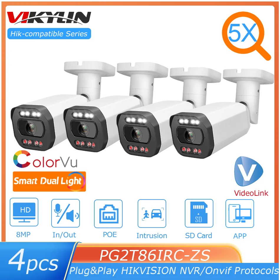 4Pcs Hikvision Compatibile 8Mp 5X Zoom Telecamera Ip Smart Dual Light Colorvu Altoparlante Microfono Integrato Telecamera Ip Di Sorveglianza Acusense