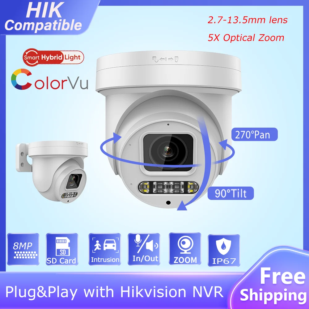 Hikvision Compatibile Cctv 8Mp Colorvu Ip Camera 5X Zoom Smart Dual Light Audio Bidirezionale Slot Per Scheda Sd Plug & Play Con Hikvision Nvr