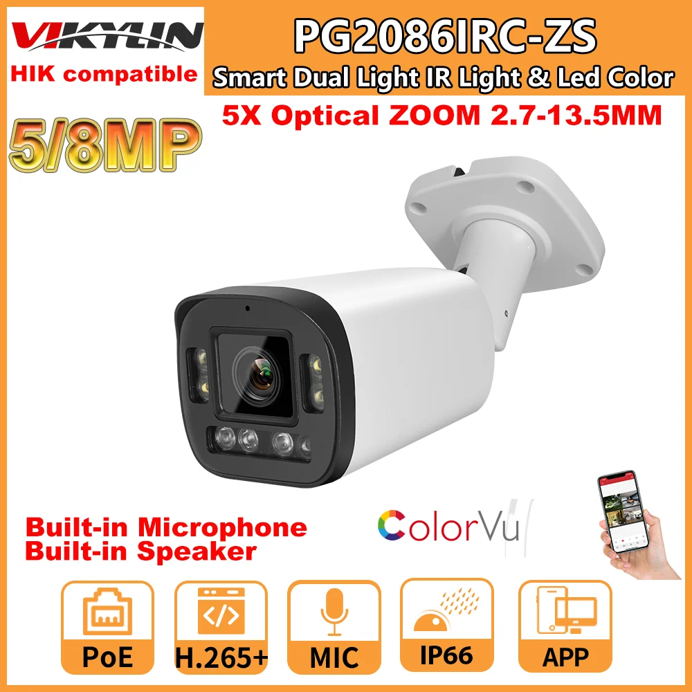 Hikvision Compatibile 8Mp Bullet Camera 5X Zoom Poe Smart Dual Light Full Colorvu Ir 5Mp Microfono Integrato Altoparlante Videosorveglianza