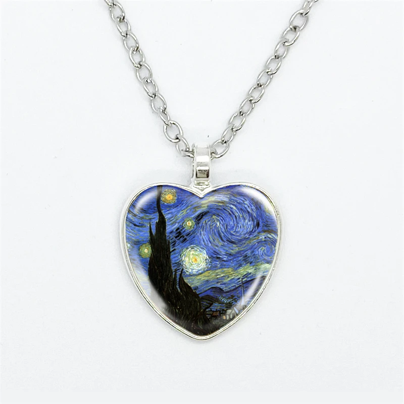 Fashion Van Gogh Art Starry Night Sunflower Collana Glass Cabochon Painting Heart Pendant Collane Fotografiche Stampate