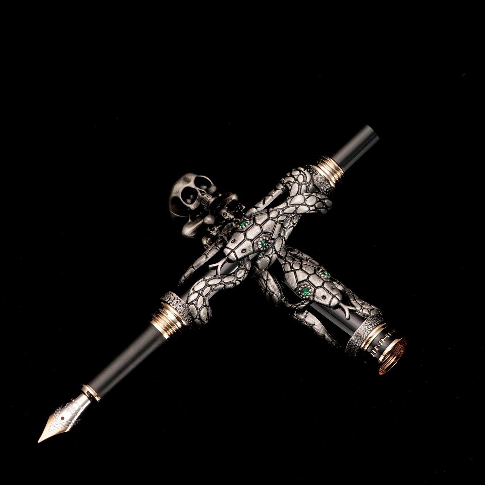 Penna Stilografica Vintage Jinhao Snake Skull Skeleton Cappellino Unico Ef/F/M/Pennino Piegato Collezione Pesante Penna Regalo Grigio Antico