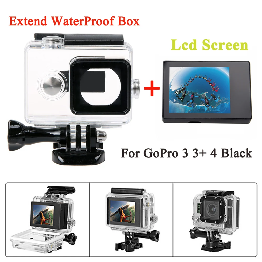Gopro Hero 4 3 + 3 Schermo Lcd Bacpac + Custodia Impermeabile Da 45M (Backdoor Esteso) Per Accessori Gopro Hero 3 + 4 Accessorio Nero