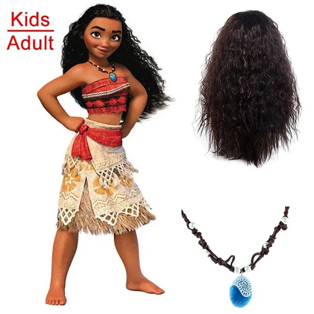 Gaun Kostum Anak-Anak Dewasa Putri Vaiana Moana Dengan Kalung Parrucca Wanita Anak Perempuan Gaun Pesta Halloween Cosplay