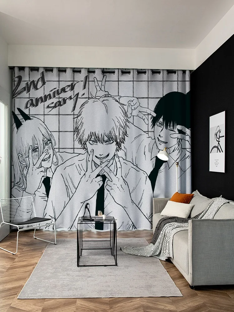 Anime Motosega Uomo Tenda 2 Pannelli Isolamento Termico Blackout Light Blocking Room Oscuramento Finestra Tendaggi Manga Tende