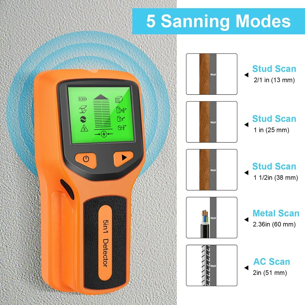Hw430 5 In1 Wall Stud Detector Display Lcd Palmare Multifunzionale Per Legno Ac Wire Cable Metal Detector Electric Wall Finder Sc