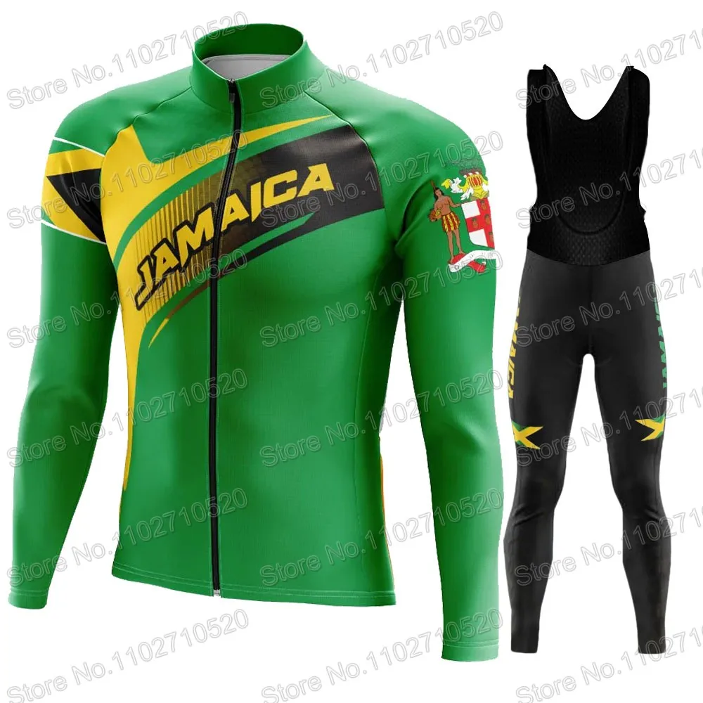 Team Jamaica Cycling Jersey 2023 Set Manica Lunga Retro Verde Manica Lunga Abbigliamento Vintage Road Race Bike Jacket Suit Mtb Maillot