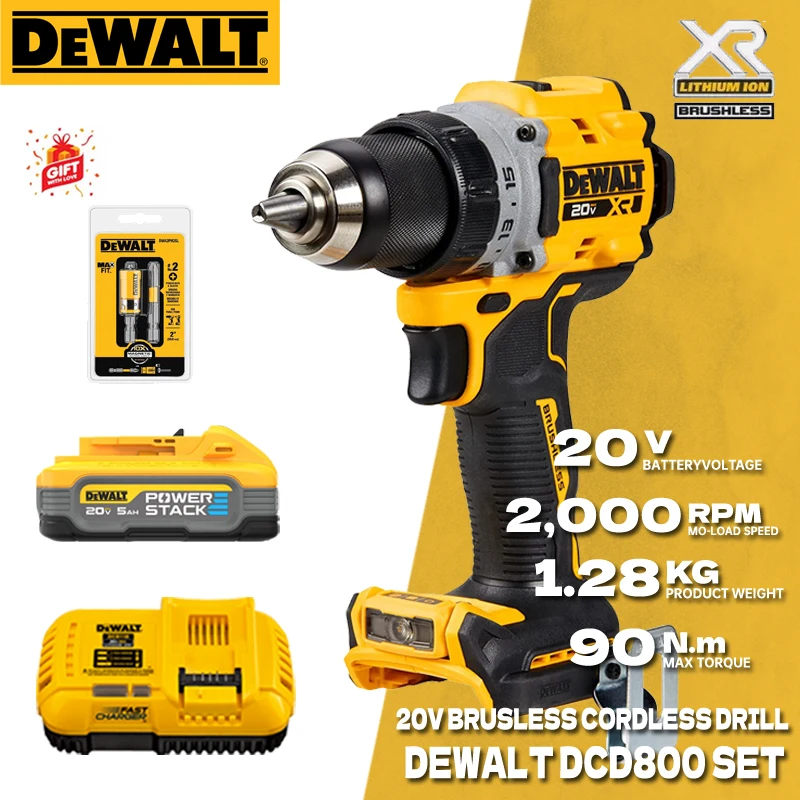 Dewalt Cordless Drill Driver Kit 20V Batteria Al Litio Motore Brushless Trapano Ricaricabile Utensile Elettrico Dcd800 Dcbp520 Dcbp034