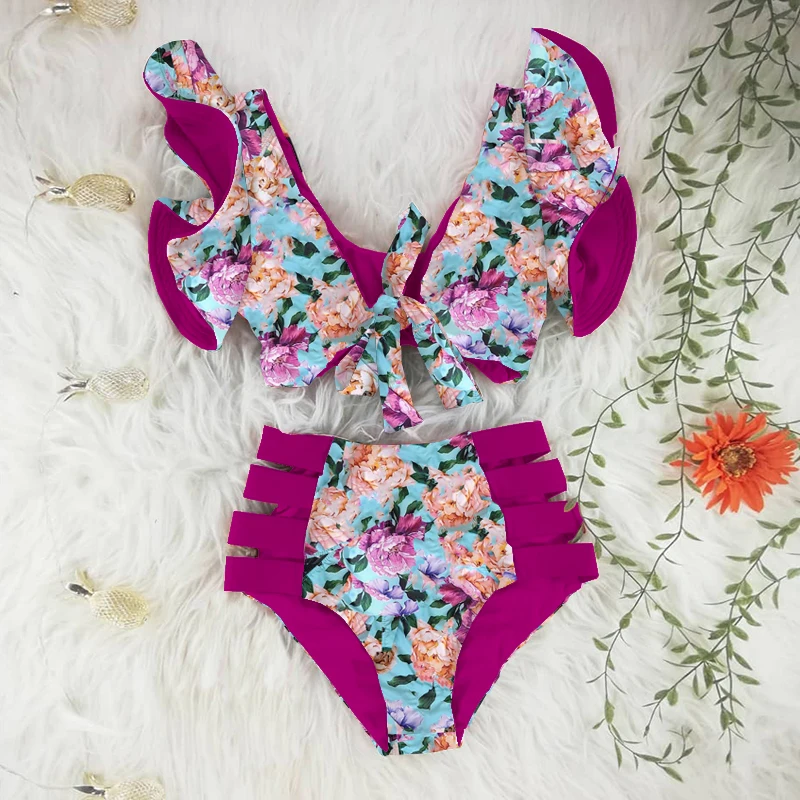 Maillot De Bain Deux Pièces À Volants, Taille Haute, Sexy, Bikini, Pour Femmes, Modèle Floral, Vêtements De Plage, Col En V,