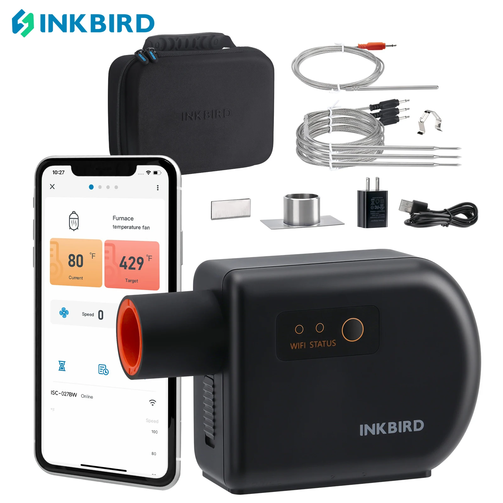 Inkbird Automatic Smoker Fan Controller Isc-027Bw Wi-Fi Bluetooth Bbq Temperature Controller Con 4 Sonde Per Kamado Joe, Primo