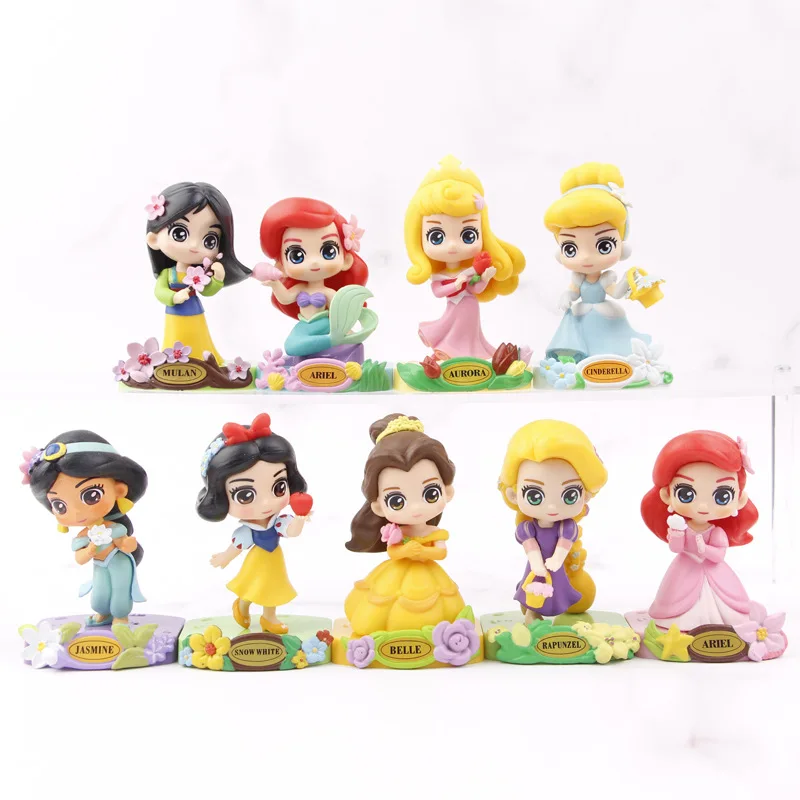 9 Pz/Lotto Disney Fairy Tale Princess Garden Dream Series Q Ver. Figura 9Cm Ariel Biancaneve Belle Charm Dolls Car Cake Decoration