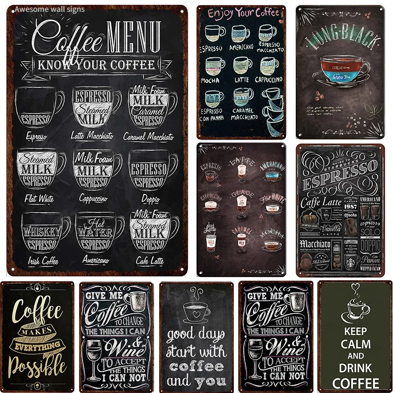 Cafe Coffee Menu Long Black Latte Mocha Lungo & Slogan Retro Metal Sign Decoration Wall Decor Vintage Signs Tin Plate Poster