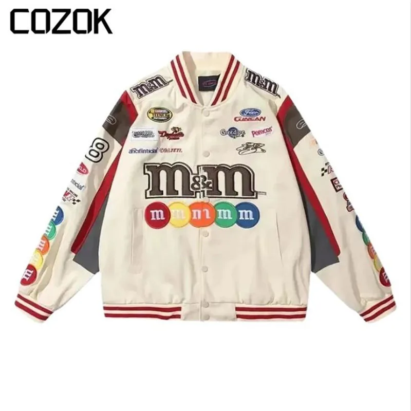High Street Racing Jacket Uomo Hip Hop M Beans Lettera Ricamo Varsity Giacche Donna Vintage Patch College Coat Oversize