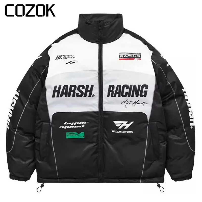 Hip Hop Racing Parka Uomo High Street Patchwork Lettera Stampa Giacca Imbottita Moto Y2K Oversize Warm Bubble Puffer Cappotti