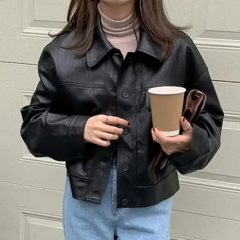 Deeptown Vintage Leather Crop Jacket Donna Streetwear Oversize Moda Coreana Cappotti Da Corsa Short Harajuku Y2K Vestiti Estetici