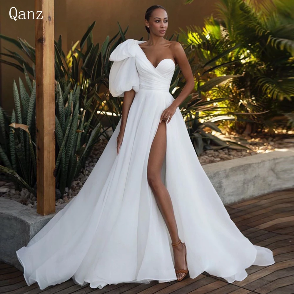 Qanz A-Line Robes De Mariage Organza Abito Da Sposa Sexy Fessura Laterale Trouwjurk Semplice Una Manica A Sbuffo Muslimito Da Sposa