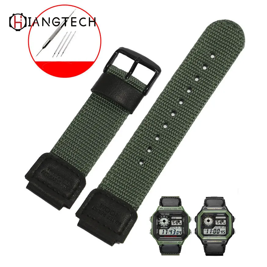 Cinturino Per Orologio In Nylon Per Casio Ae-1200 1300 Sgw400 Piccolo Quadrato Army Green Canvas Watch Chain Maschio
