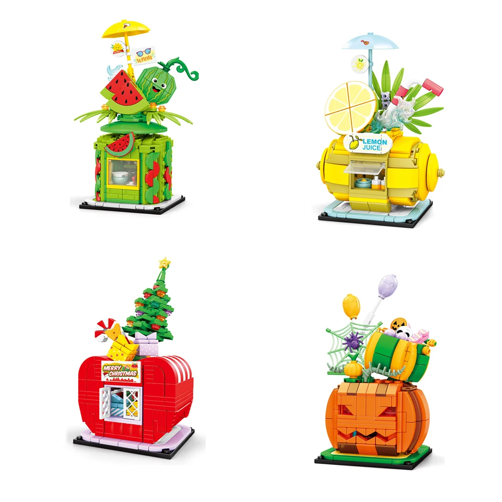 City Streetscape Building Block Fruits Street View Brick Pumpkin Succo Di Limone Apple Anguria Shop Store Figure Toy With Light