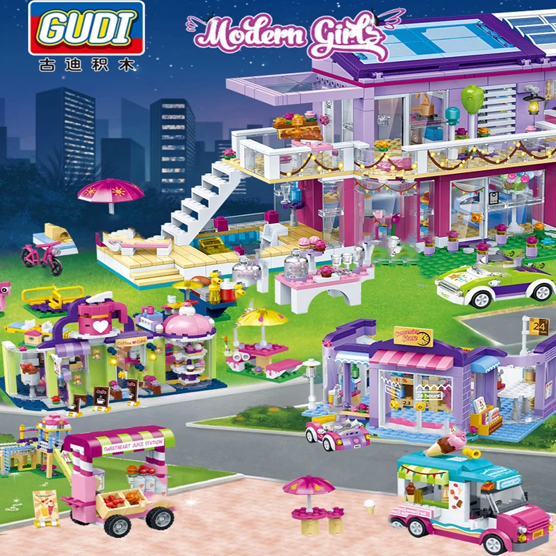 Amusement Park Friends For Girls Club Model Building Blocks City Store Princess Party Gudi Bricks Ice Cream Vehicle Cafe Shop