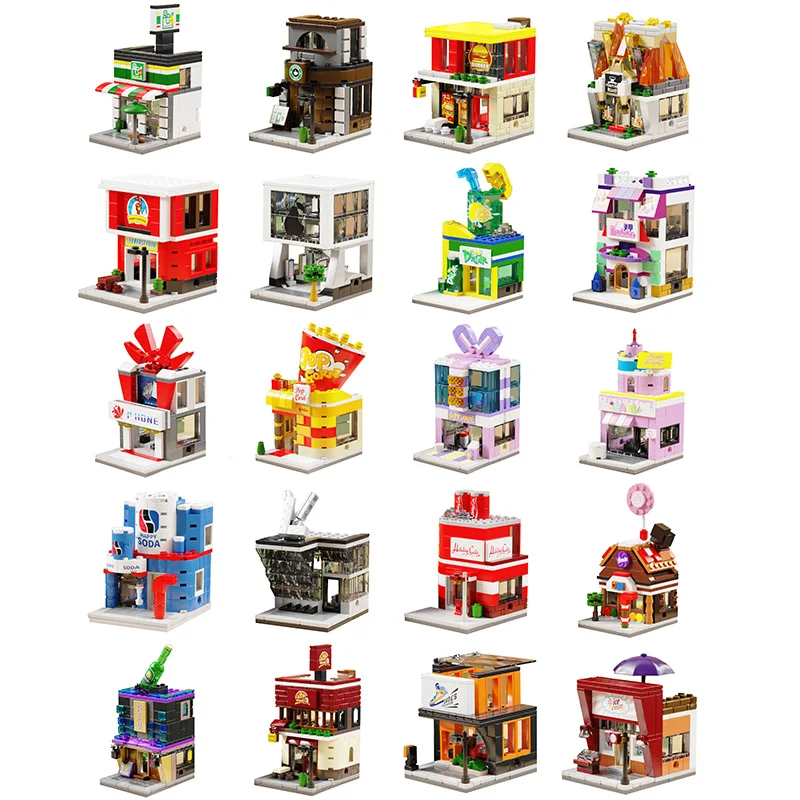 Mini Creative City Architecture Street View Model Building Blocks Coffee Convenience Hamburger Restaurant Retail Store Friends