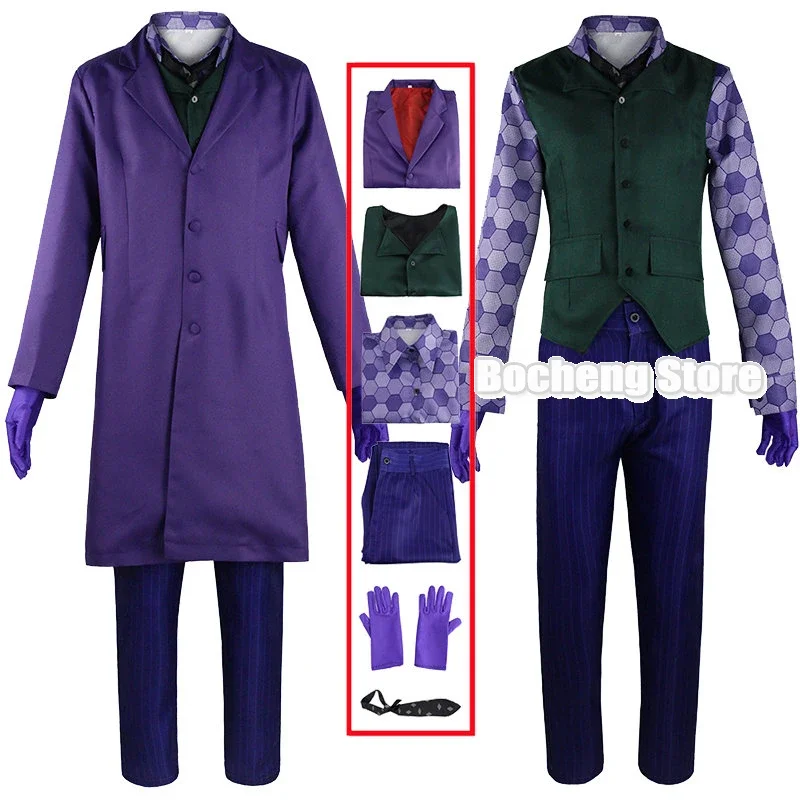 Heath Ledger Cosplay Suit Halloween Men Movie Knight Joker Costume Purple Jacket Trench Vest Pants Set Completi