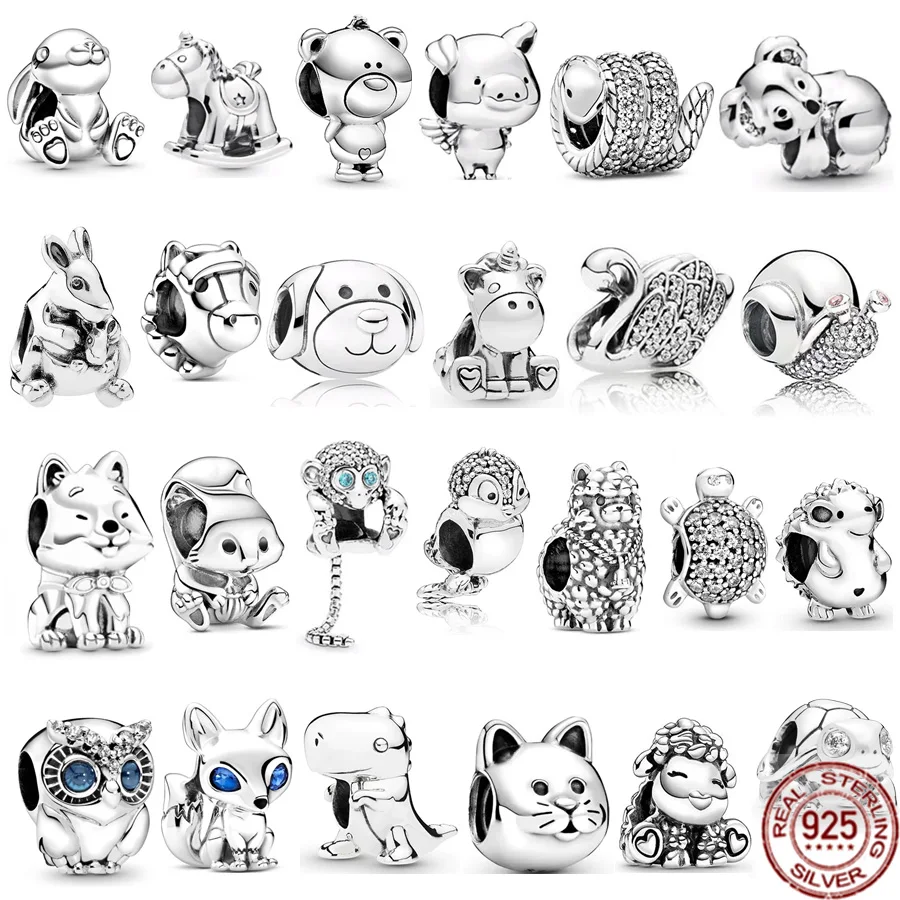 925 Sterling Silver Rabbit, Puppy, Kitten, Sheep, Snake, Owl & Kangaroo Charm Bead Fit Originale Pandora Bracciale Gioielli Regalo