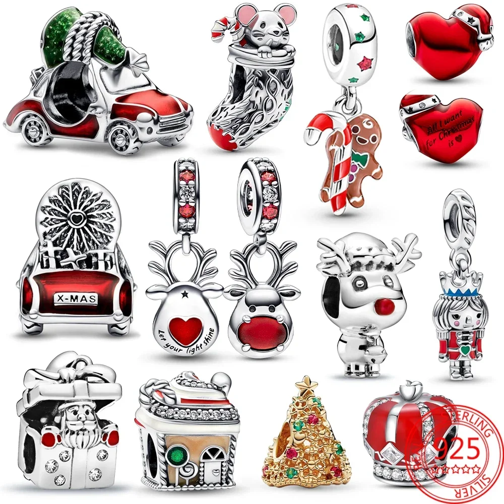 Christmas Series Cappello In Argento Sterling 925 Cuore Naso Rosso Renna Festive Car & Christmas Tree Ciondola Charm Fit Bracciale Pandora