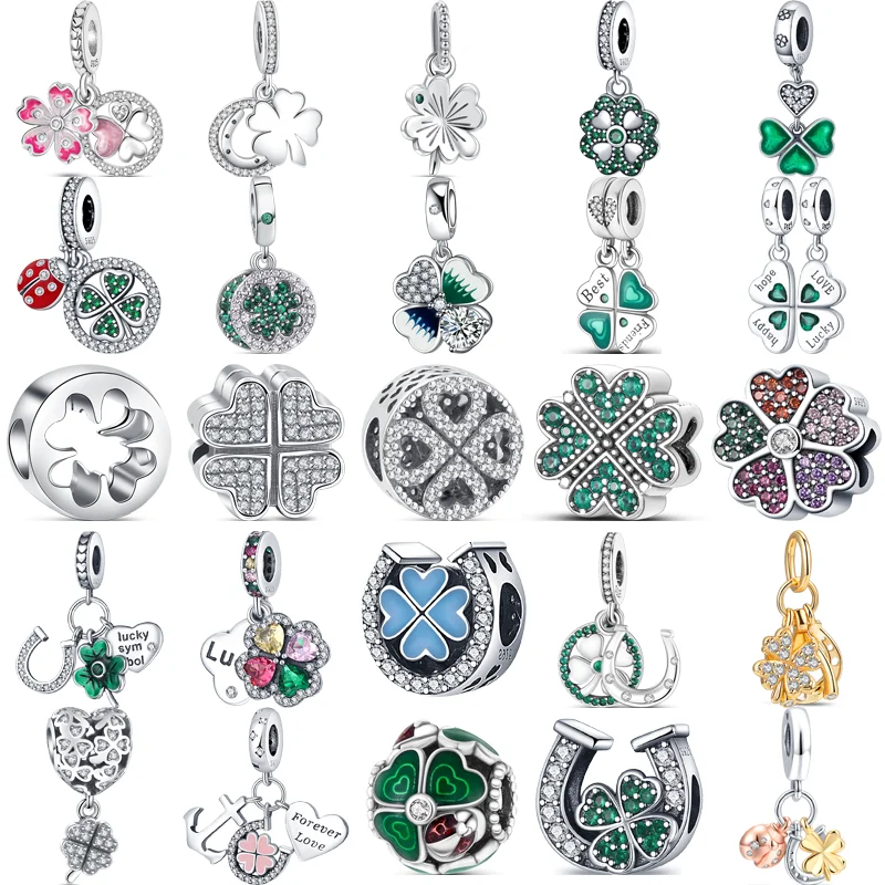925 Sterling Silver Four Leaf Clover Style Green Clear Zircone Heart Lucky Beads Fit Original Pandora Charms Bracciale Gioielli Fai Da Te