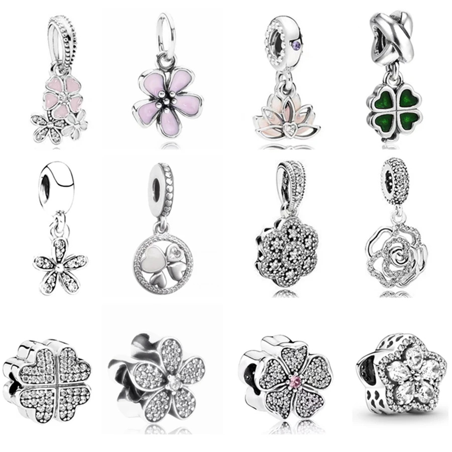 925 Sterling Silver Four Leaf Clover & Daisy Flower Charm Bead Fit Originale Pandora Bracciale Collana Gioielli Regalo Fai Da Te Per Le Donne