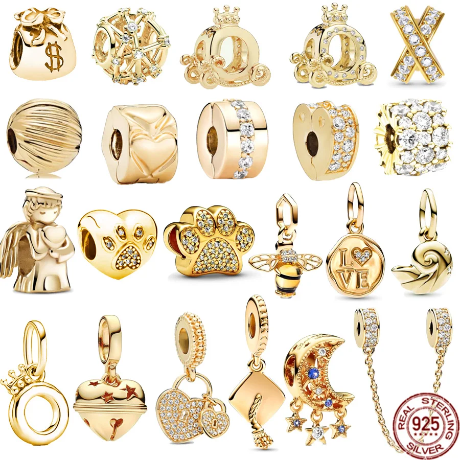 Placcato Oro 925 Sterling Silver Sparkling Bee Graduation Cap Bell Ciondola Charm Bead Fit Original Pandora Bracciale Bangle Jewelry