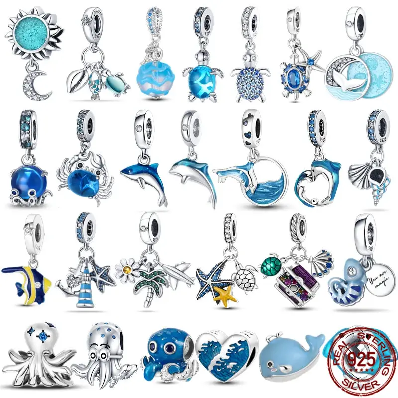 925 Sterling Silver Octopus Seaturtle Dolphin Ocean Blue Zircone Charms Fit Pandora Original Bracciale Ciondolo Gioielli Per Le Donne